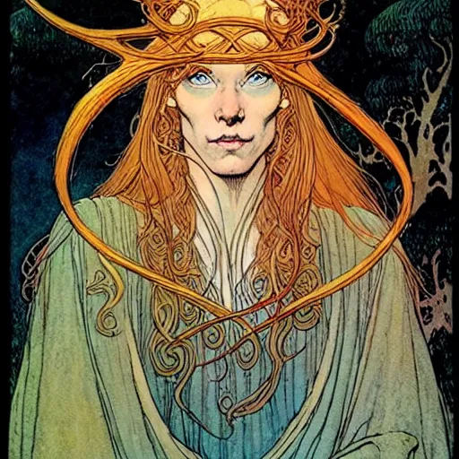 Prompt: a beautiful portrait of sanna!!!!! marin!!!!!, as a druidic wizard by rebecca guay, michael kaluta, charles vess and jean moebius giraud