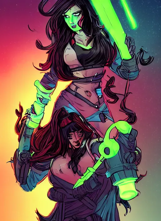 Prompt: comic book art of a [ woman ] with [ long black hair ] holding a [ neon sword ], [ soldier ] in trenchcoat with [ glowing ] boots, in [ battle ] with a [ giant ] dark horned creature from hell, illustration artstation arcane by tim doyle