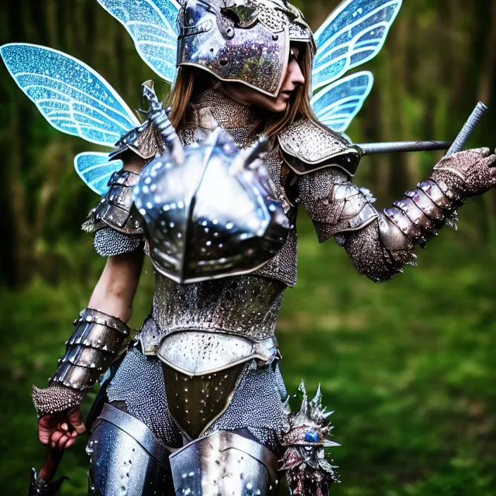 Image similar to full body photo of a fairy warrior wearing sparkly armour, highly detailed, 4 k, hdr, smooth, sharp focus, high resolution, award - winning photo