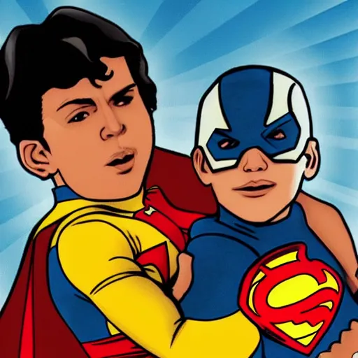 Image similar to pepon nieto as a superhero saving a young boy