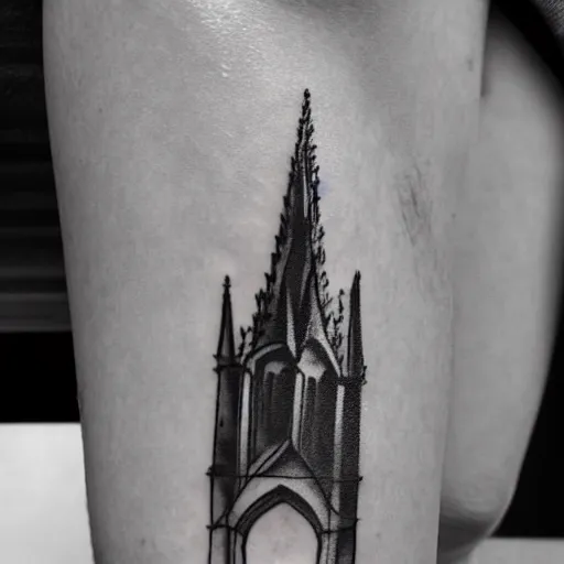 Prompt: tattoo of a gothic cathedral. Black and white, 4k, photorealistic, artstation