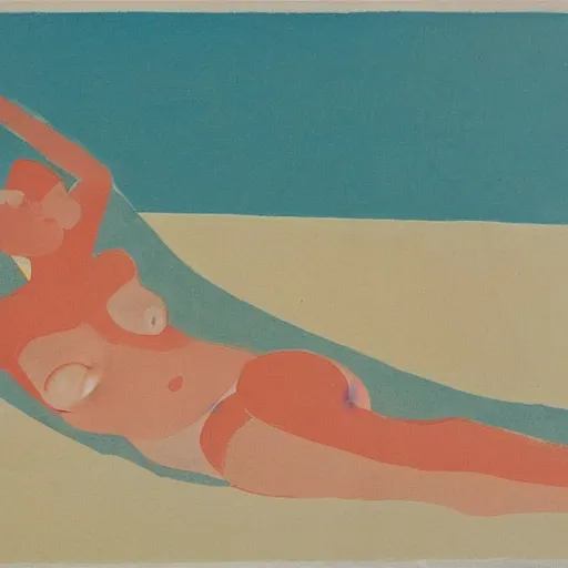 Prompt: abstract woman lounging on a beach in a midcentury modern style