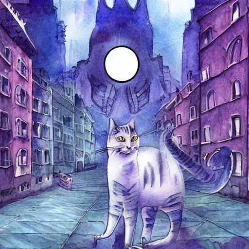 Prompt: ghostly cat strolling through a humongous alien city, watercolour painting, watercolour, colourful, detailed, cinematic