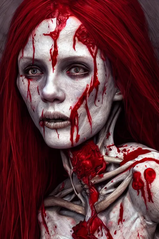 Prompt: woman skeleton covered with blood, long red hair, ultra realistic, concept art, intricate details, highly detailed, photorealistic, octane render, 8 k, unreal engine. retro film still, heavy grain, 3 5 mm, art by artgerm and greg rutkowski and alphonse mucha