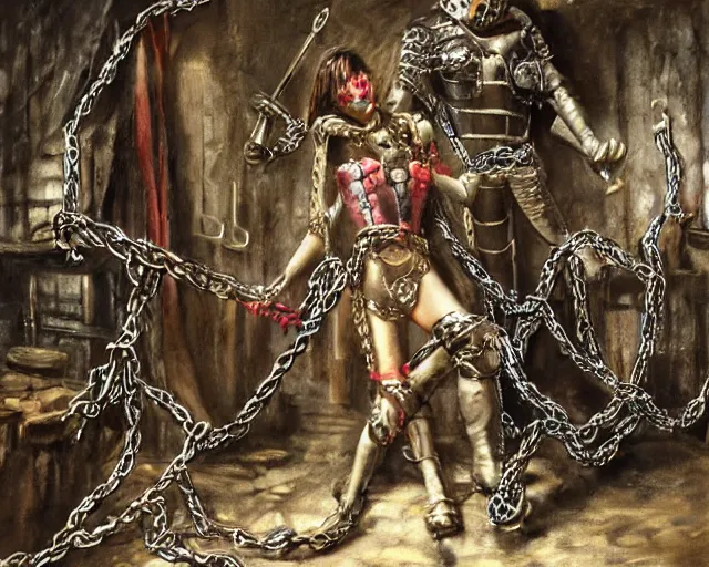 Image similar to [ 1 6 k realism ] a mettallic knight covered in chains in a dirty filthy basement, the knight is being tortured by a skinny princess made of teeth