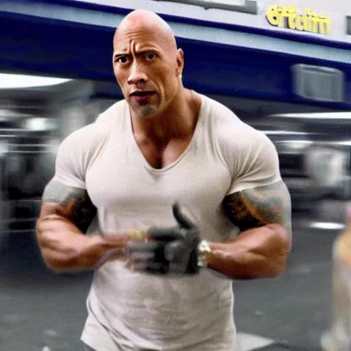 Prompt: dwayne the rock johnson stealing from walmart cctv footage