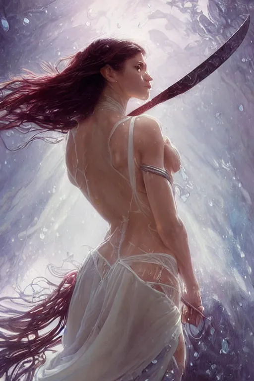 Image similar to portrait of a beautiful spiderwoman wearing a white dress, holding a sword, drenched body, wet dripping hair, emerging from the water, fantasy, regal, fractal crystal, fractal gems, by ross tran, stanley artgerm lau, greg rutkowski, thomas kindkade, alphonse mucha, loish, norman rockwell