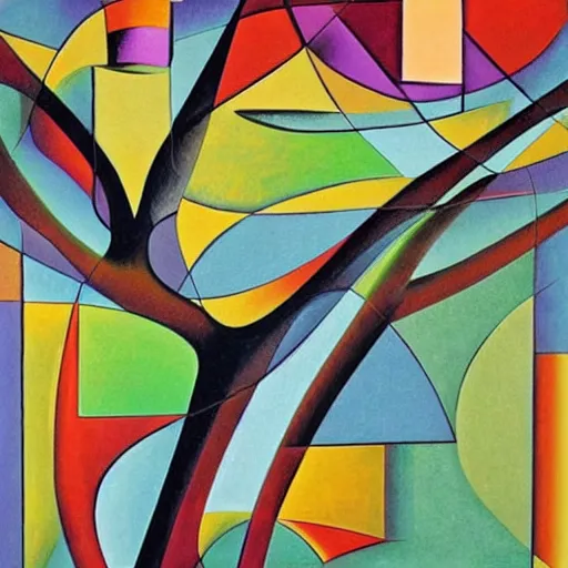 Prompt: woman roots like a tree and belongs to this place, abstract art in the style of cubism and georgia o keefe,