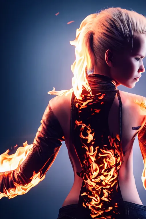 Image similar to beautiful young blonde woman from behind playing with flames coming out of her skin wearing a long matrix style jacket, realistic, high definition, many details, dramatic scene, symmetrical face, realistic eyes, cyberpunk art 2077