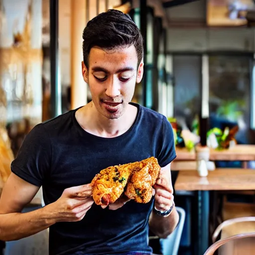 Prompt: a very skinny man feasting on chicken drumsticks