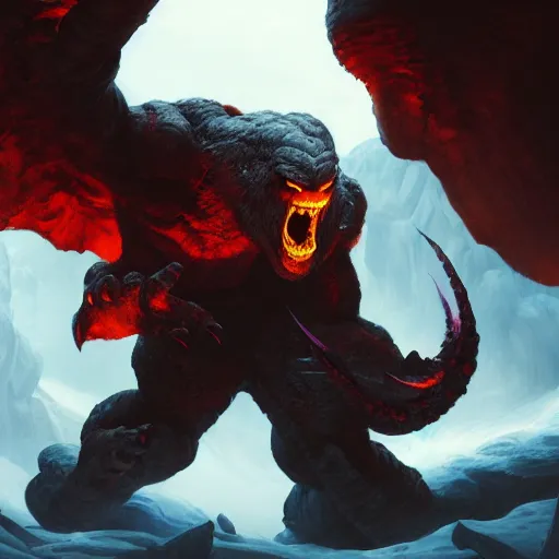 Prompt: balrog demon with wings extended in the ice cave. greg rutkowski. boris vallejo. color grading lut 3 8 4 0 x 2 1 6 0