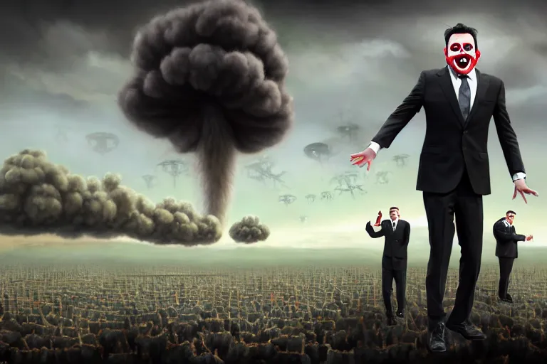 Image similar to a Comedian in suit and tie performing in a battle field with smiling dead bodies on the ground, comedian is funny, performing to dead soldiers, nuclear bomb mushroom cloud in far horizon, apocalypse, trending on artstation, artstationHD, hyperdetailed matte painting, highly detailed, digital painting, hyper-realistic, realistic, photorealistic