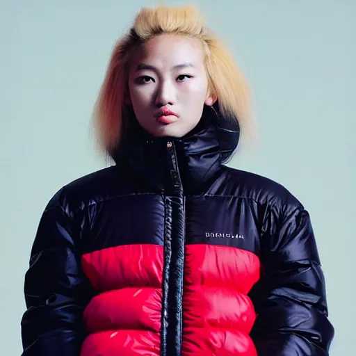 Image similar to realistic photoshooting for a new balenciaga lookbook, color film photography, portrait of a blonde asian woman, model wearing a puffer jacket, photo in style of tyler mitchell, 3 5 mm,