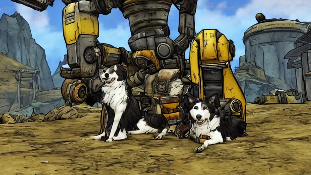 Prompt: border collie in borderlands 2. border collie is sitting next to claptrap.