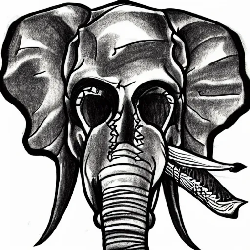 Image similar to black pen sketch of a skull of a elephant, the desert is in color pencil, elephant skull, beginner, pencil, intermediate art, paper art, pencil, bold lines, cyberpunk based