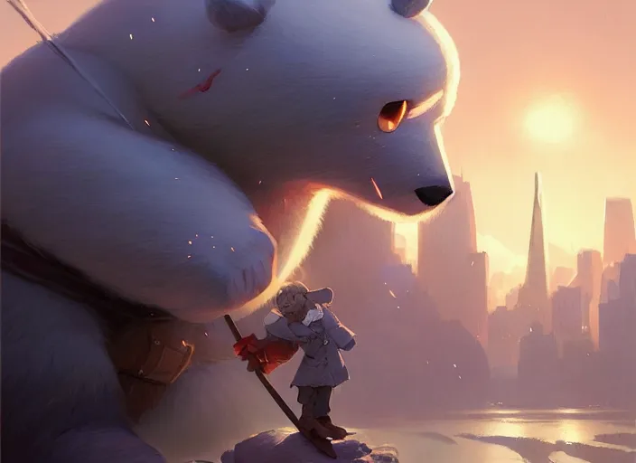 Prompt: highly detailed portrait of ice bear with axe, rampaging through san fransisco, art by greg rutkowski, loish, rhads, ferdinand knab, makoto shinkai and lois van baarle, ilya kuvshinov, rossdraws, tom bagshaw, global illumination, radiant light, detailed and intricate environment