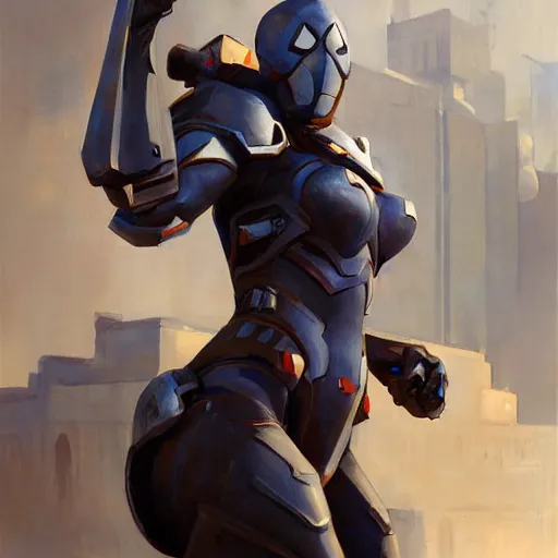 Image similar to greg manchess portrait painting of an armored dark female iron spiderman as overwatch character, medium shot, asymmetrical, profile picture, organic painting, sunny day, matte painting, bold shapes, hard edges, street art, trending on artstation, by huang guangjian, gil elvgren, ruan jia, greg rutkowski, gaston bussiere