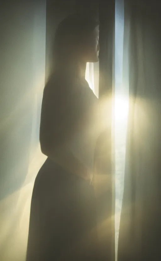 Image similar to sunlight study photography of a beautiful woman standing next to a window illuminating her with god rays, volumetric fog, smoke, depth of field