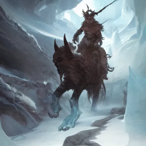 Image similar to riding the warcat into the translucent ice caves. melancholy undertones, high fantasy art official contest submission greg rutkowski 3 8 4 0