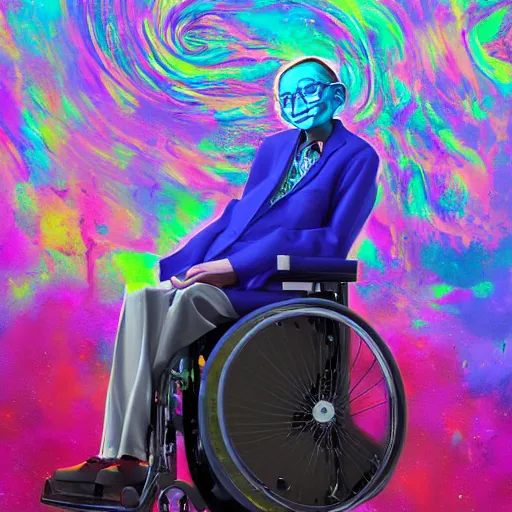 Image similar to A surreal, beautiful painting of Stephen Hawking on Acid, on his wheelchair, floating into the abyss, in the style of Fewocious, hyper realistic, trending on Artstation