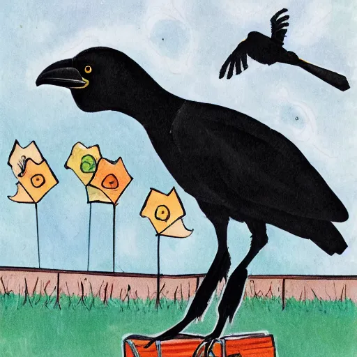 Image similar to a crow trying to grab a ram, children's book illustration, in the style of Emilia Dziubak,