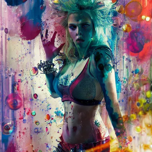 Image similar to scarlett johansson as delirium from sandman, ( hallucinating colorful soap bubbles ), by jeremy mann, by sandra chevrier, by dave mckean and richard avedon and maciej kuciara, punk rock, tank girl, high detailed, 8 k