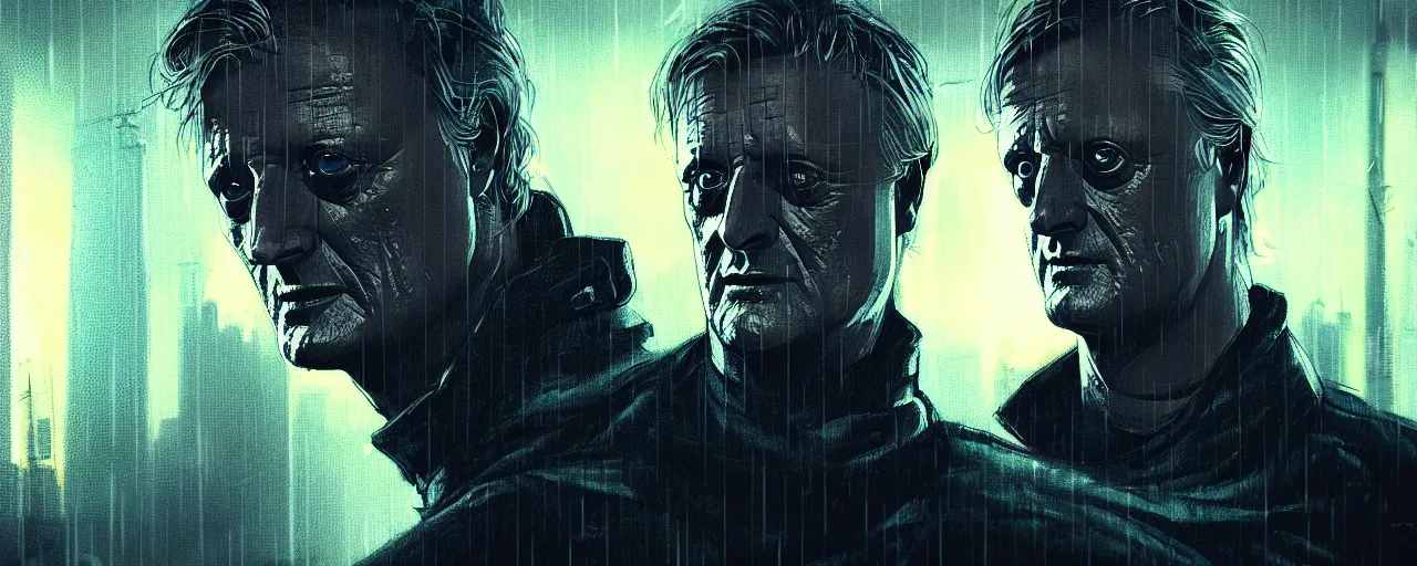 Image similar to duotone tech noir concept illustration 3 / 4 portrait of rutger hauer as roy baty in blade runner on rooftop in rain. cinematic volumentric lighting. accidental renaissance. by sachin teng and sergey kolesov and ruan jia and heng z. graffiti art, scifi, fantasy, hyper detailed. octane render. concept art. trending on artstation