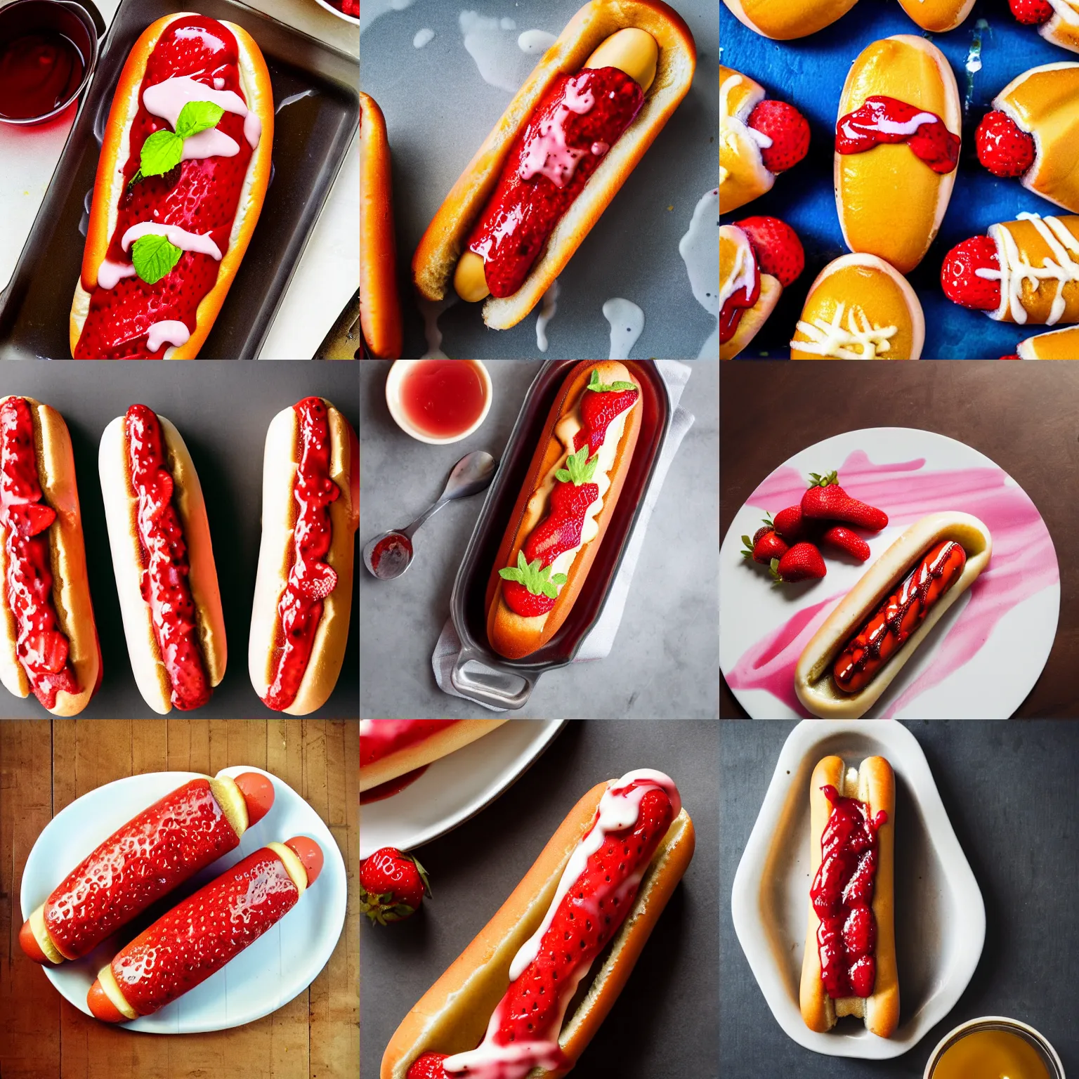 Prompt: strawberry hot dog, food photography, syrup glaze