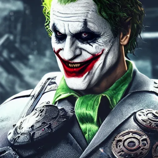 Image similar to the joker as santaclaus!! in gears of war, splash art, warzone, dystopian, movie still, cinematic lighting, dramatic, octane render, long lens, shallow depth of field, bokeh, anamorphic lens flare, 8 k, hyper detailed, 3 5 mm film grain