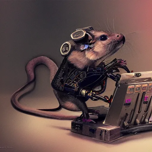 Image similar to a rat cyborg playing with a tb-303 synthesizer, by ruan jia