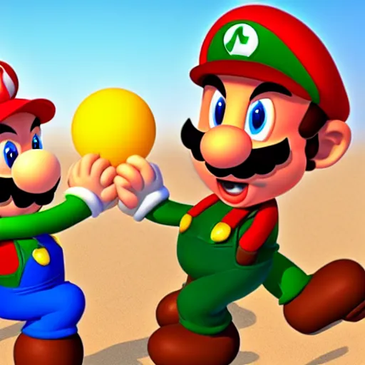 Image similar to mario and luigi on the beach eating beans, the sun setting in the background