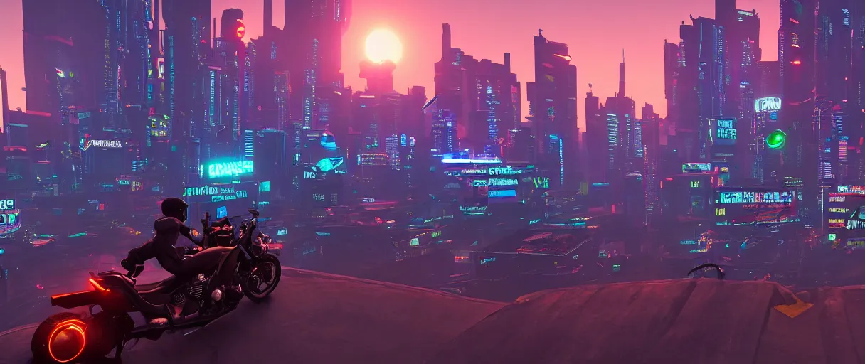 Prompt: an android thief on a motorcycle making a getaway from a helicopter in a glowing neon cyberpunk city at dawn, unreal engine, cinematic atmosphere, establishing shot viewed from above