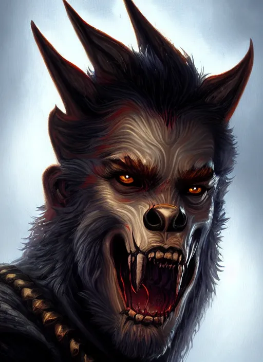 Prompt: a _ fantasy _ style _ portrait _ painting _ of werewolf, dnd, wicked, oil _ painting _ unreal _ 5 _ daz. _ rpg _ portrait _ extremely _ detailed _ artgerm _ greg _ rutkowski _ greg