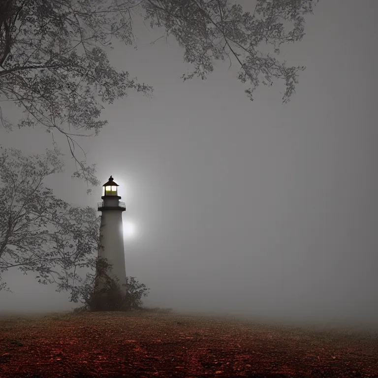 Prompt: lighthouse in the woods foggy night photorealistic