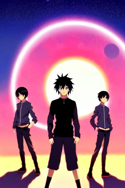 Image similar to anime art full body portrait character concept art, anime key visual of dark haired men standing in front of a sunset with 3 suns, large eyes, finely detailed perfect face delicate features directed gaze, trending on pixiv fanbox, studio ghibli, extremely high quality artwork