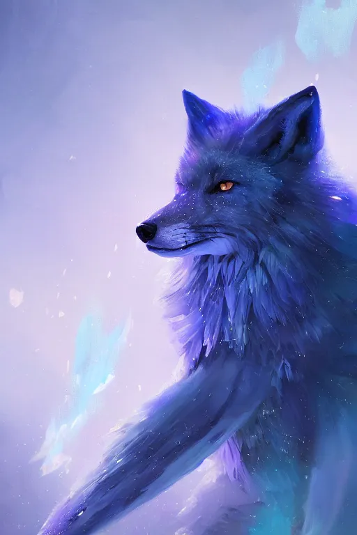 Image similar to A fancy portrait of a blue crystalized fox by Greg Rutkowski, beeple, Sung Choi, Mitchell Mohrhauser, Maciej Kuciara, Johnson Ting, Maxim Verehin, Peter Konig, final fantasy, macro lens, 35mm, 8k photorealistic, cinematic lighting, HD, high details, dramatic, dark atmosphere, trending on artstation