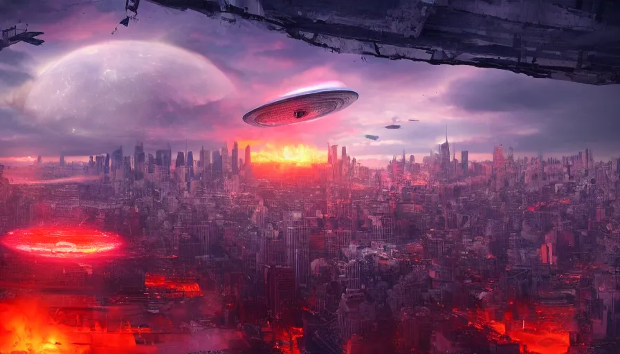 Image similar to humongous ufo upon destroyed new - york city, sky on fire, demolition, hyperdetailed, artstation, cgsociety, 8 k