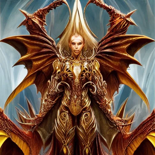 Image similar to a beautiful symmetrical muscular full body wearing a dragon armor with wings made of golden ornaments and gems, by alex gray and android jones , Karol Bak, Ayami Kojima, Amano , concept art, character design, fantasy,3D, 8k resolution