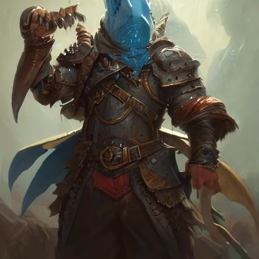 Image similar to a detailed portrait of a shark water sorcerer dressed with a leather armor, by justin gerard and greg rutkowski, digital art, realistic painting, dnd, character design, trending on artstation