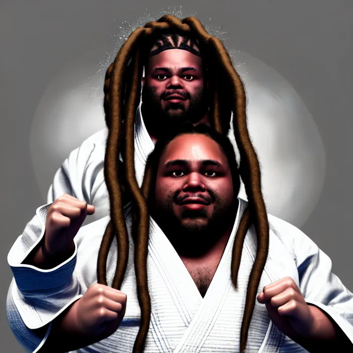 Image similar to hyperrealistic mixed media portrait of an overweight black man with dreads wearing a gi, doing martial arts, 8 k octane beautifully detailed render, post - processing, extremely hyperdetailed, trending on artstation