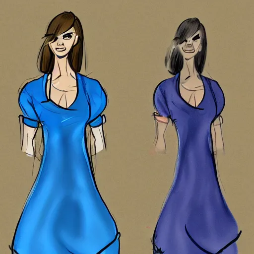 Prompt: character concept art design sketches of a lady in a blue dress,