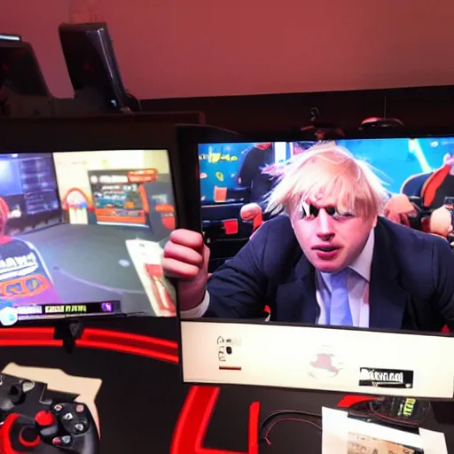 Prompt: Boris Johnson nervously playing video games at a E sports event on a team