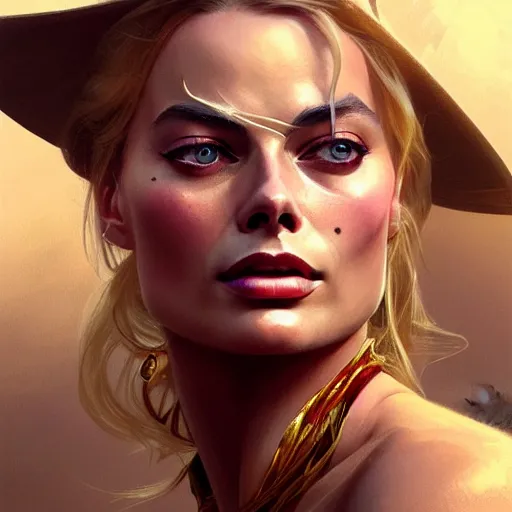 Image similar to Margot Robbie, western, closeup, D&D, fantasy, intricate, elegant, highly detailed, digital painting, artstation, concept art, matte, sharp focus, illustration, art by Artgerm and Greg Rutkowski and Alphonse Mucha