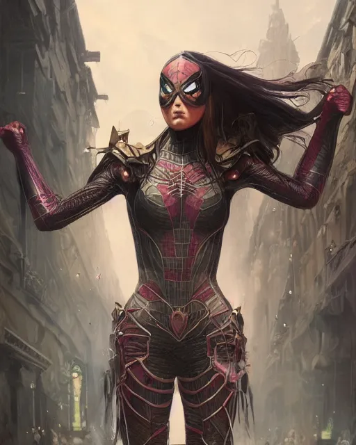 Image similar to a beautiful spiderwoman wearing a magical armor posing in a magical town, hyper realistic face, fantasy art, in the style of greg rutkowski, illustration, epic, fantasy, intricate, hyper detailed, artstation, concept art, smooth, sharp focus