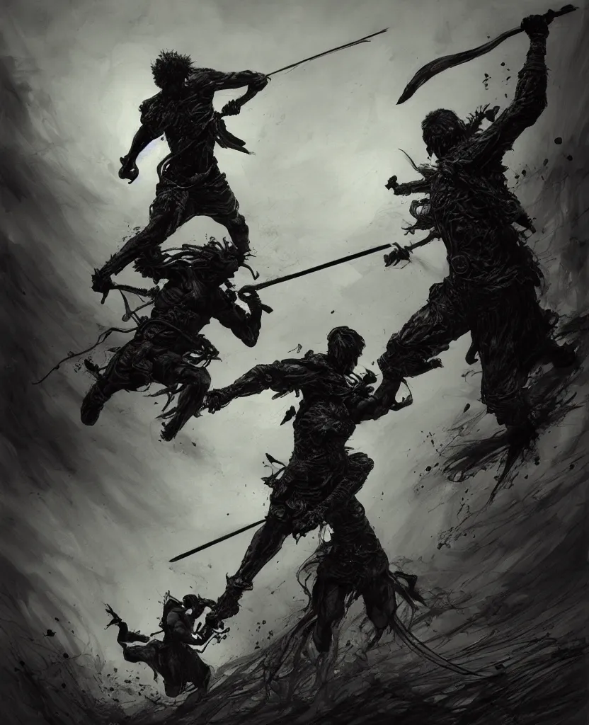 Image similar to David slaying Goliath painting, dark colors, sinister atmosphere, dramatic lighting, cinematic, establishing shot, extremely high detail, photo realistic, cinematic lighting, pen and ink, intricate line drawings, by Yoshitaka Amano, Ruan Jia, Kentaro Miura, Artgerm, post processed, concept art, artstation, matte painting, style by eddie mendoza, raphael lacoste, alex ross,