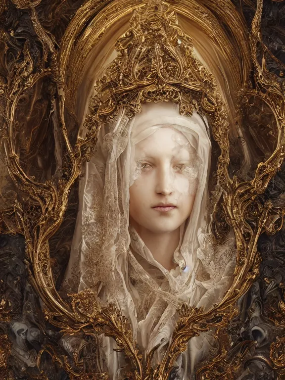 Image similar to a beautiful render of baroque catholic veiled queen sculpture with symmetry intricate detailed,by Ekaterina Belinskaya,Nekro , peter gric , aaron horkey , Billelis,Trending on artstation,ZBrush,fractalism,maximalism,glittering,gold,ivory,fire,hyperreal