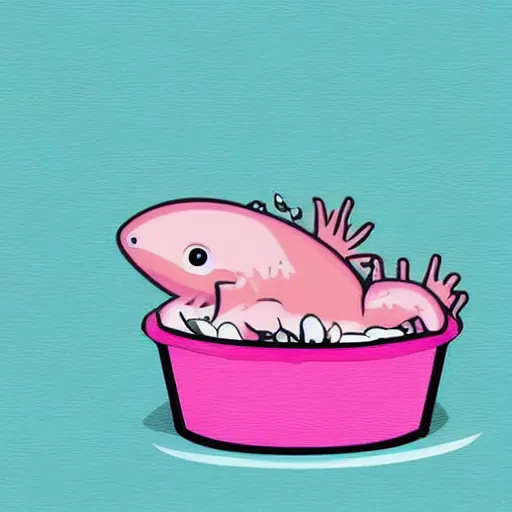 Prompt: cartoon cute pink axolotl in a bucket