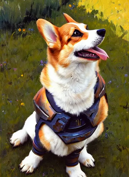 Image similar to Greg Manchess painting of a Corgi wearing Forerunner Armor from Halo, countryside, calm, fantasy character portrait, dynamic pose, above view, sunny day, artwork by Jeremy Lipkin and Giuseppe Dangelico Pino and Michael Garmash and Rob Rey, very coherent asymmetrical artwork, sharp edges, perfect face, simple form, 100mm