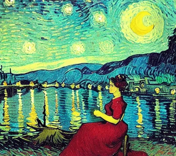 Image similar to Victorian woman singing quietly by a sacred lake at night, bright fire flies, big moon, stars, painted by Vincent van Gogh, Jacques-Louis David detailed