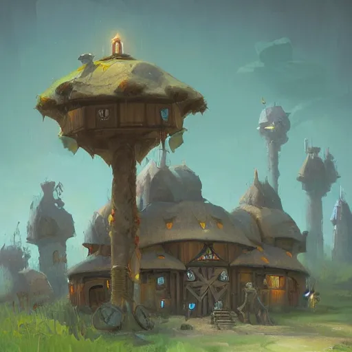 Image similar to The ciborg ostrich Barn from warcraft gnomes, artwork by Sergey Kolesov